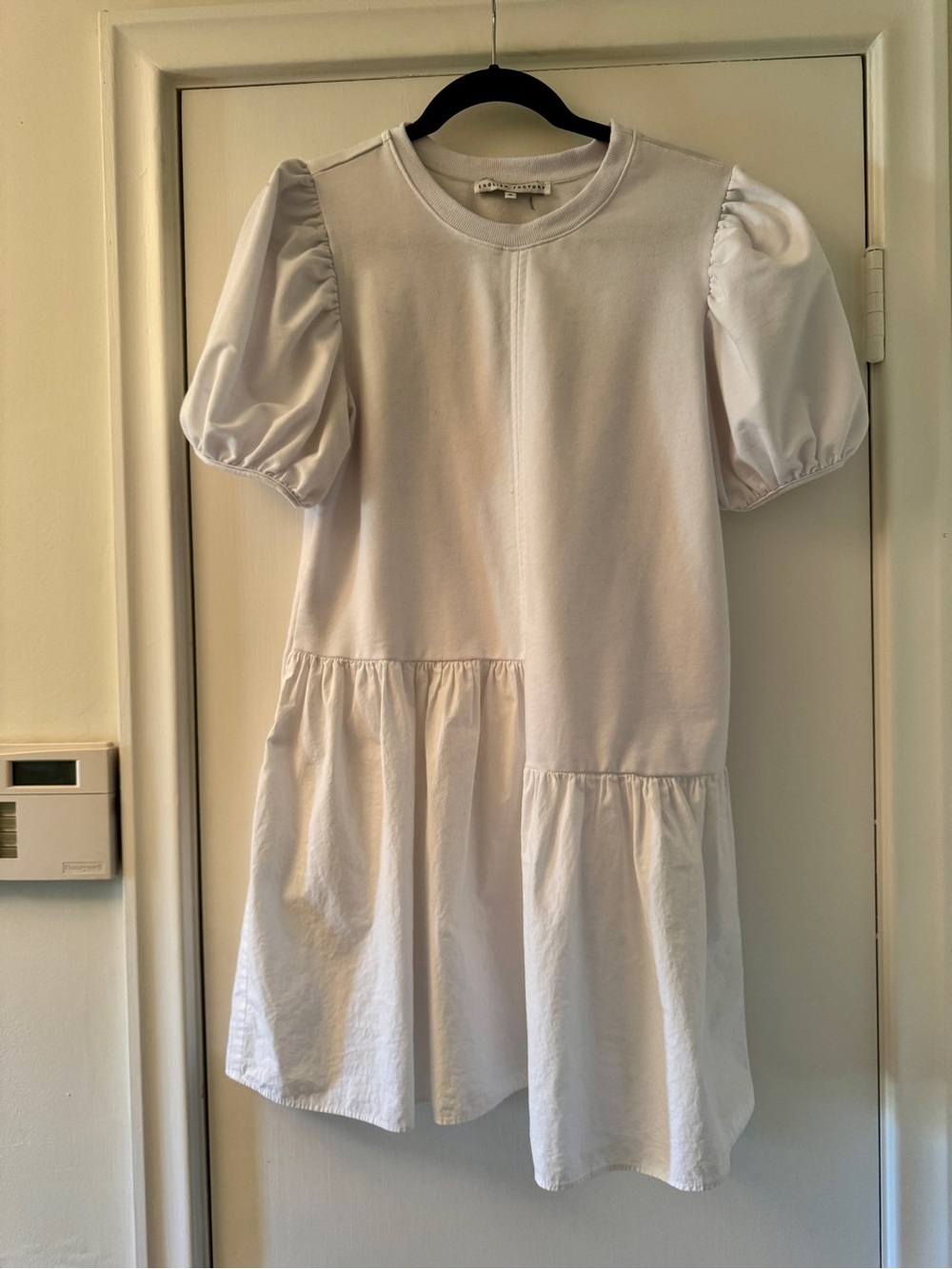 English Factory White Puff-Sleeve Tiered Mini Dress